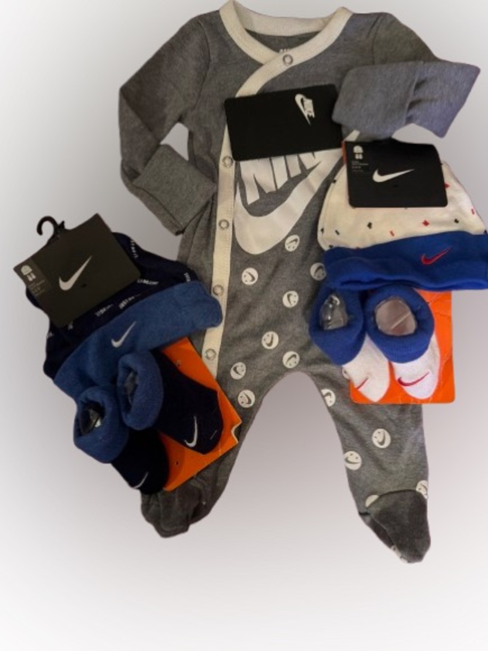 Nike Baby Grey Smiley Footed One-Piece with Blue Accent Socks - Infant Set